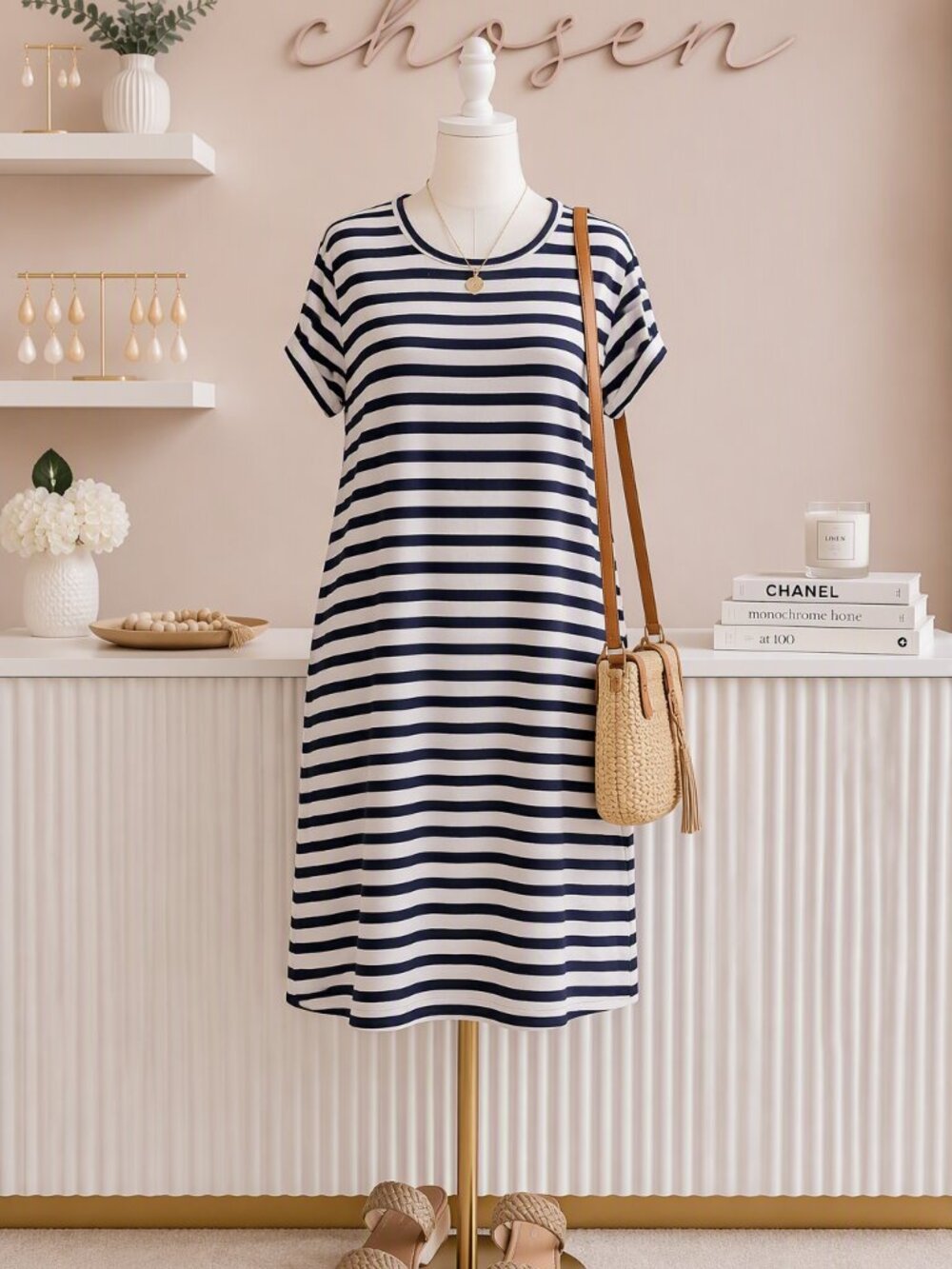 Women’s St. Johns Bay Navy White Striped T-Shirt Dress Casual Coastal Midi Dress